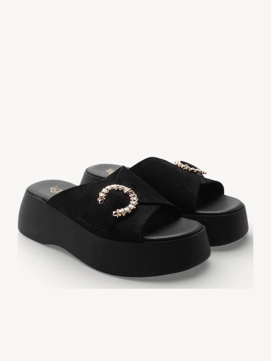 Black Suede Slippers Special Heels Rhinestones