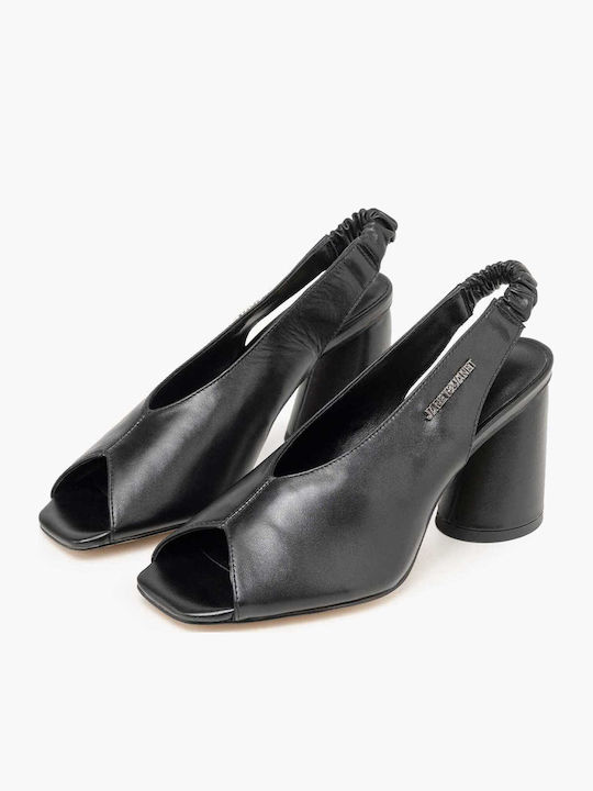 Кожени Peep Toe Обувки На Ток С Дебел Висок Ток Черни