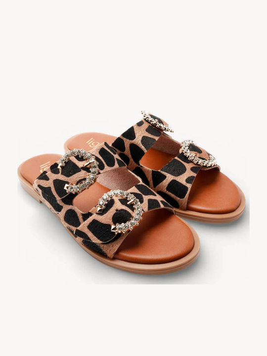 Beige Print Leather Slippers Double Buckles Rhinestones