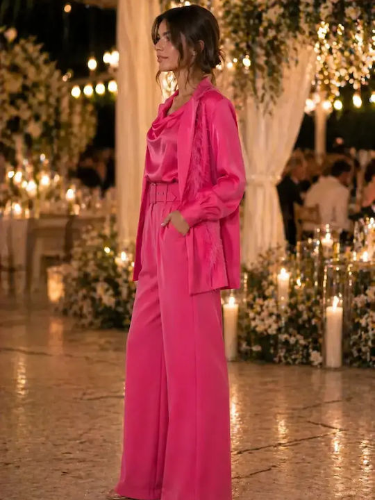 Women's Pink Set with High Rise Loose Fit Trousers