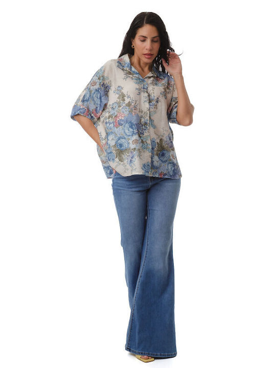 Long Sleeve Women's Shirt Light Blue Floral