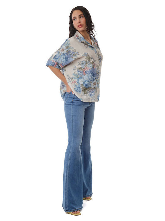 Long Sleeve Women's Shirt Light Blue Floral