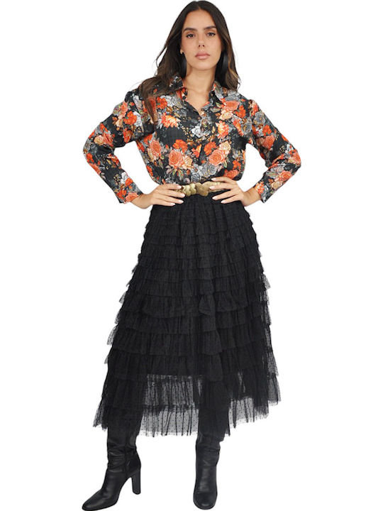 Maxi Skirt with Tulle Polka Dot Black