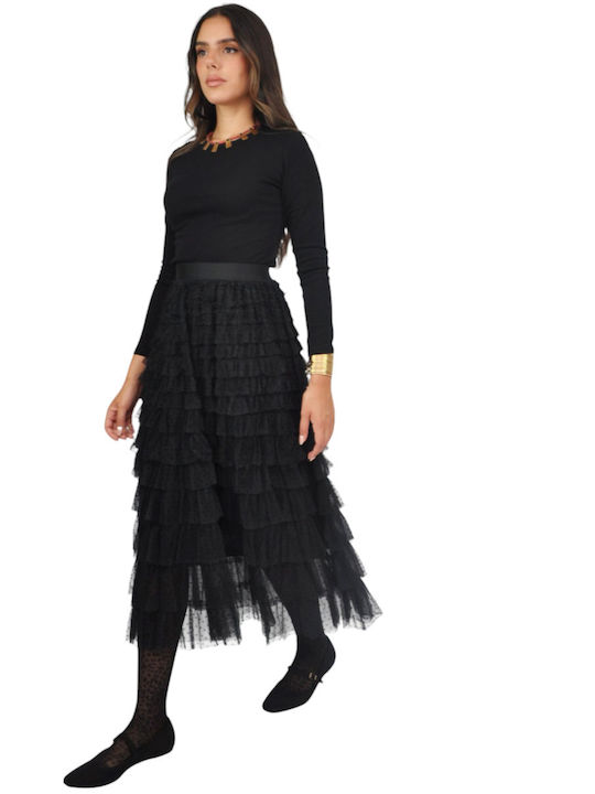 Maxi Skirt with Tulle Polka Dot Black