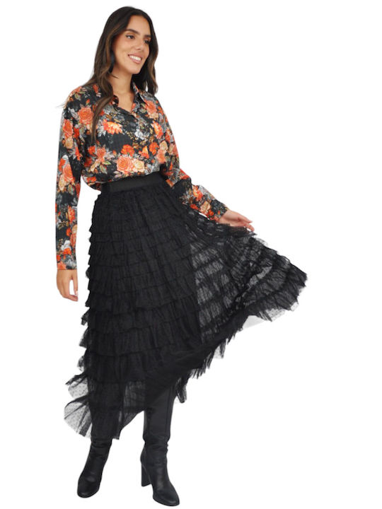 Maxi Skirt with Tulle Polka Dot Black