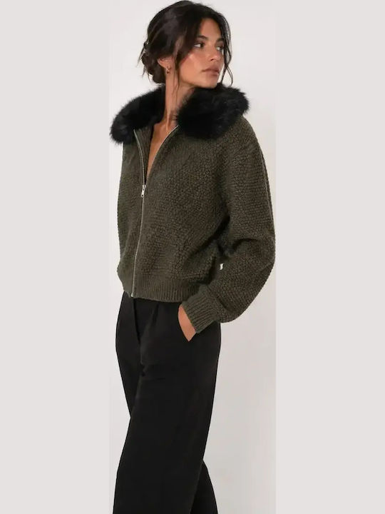 Lange Gestrickte Damen Strickjacke Khaki