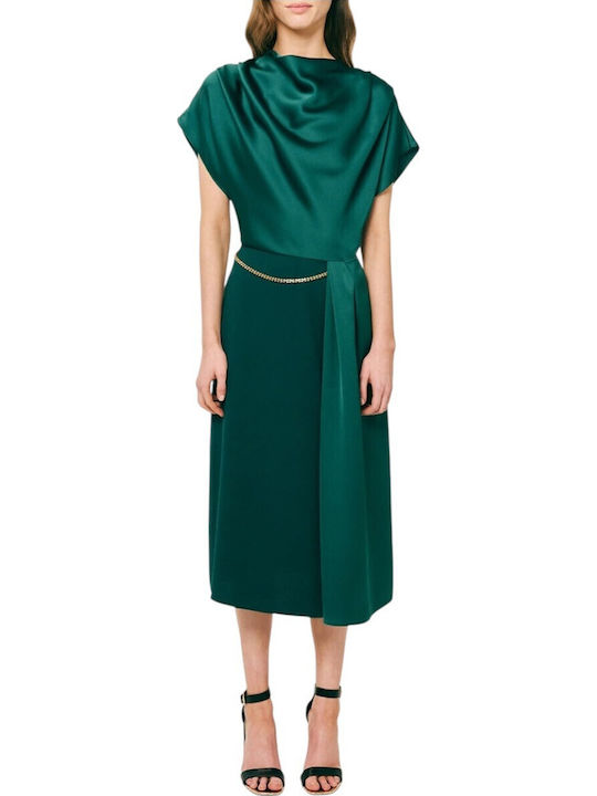 Summer Midi Evening Satin Drape Dress with Tearing Green