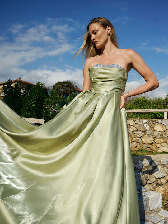 Summer Maxi Dress for Wedding / Christening Strapless Satin Green