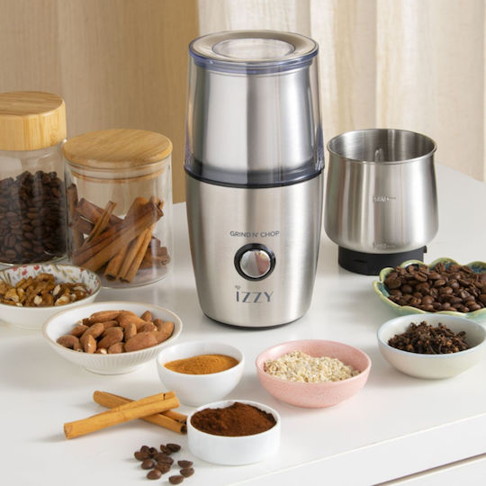 Izzy Elektrische Kaffeemühle 200W mit Getreidekapazität 100gr Silber