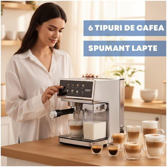 Daewoo Espressor Automat 1350W Presiune 20 Bar pentru Cappuccino cu Râșniță Argintie DCMM1350