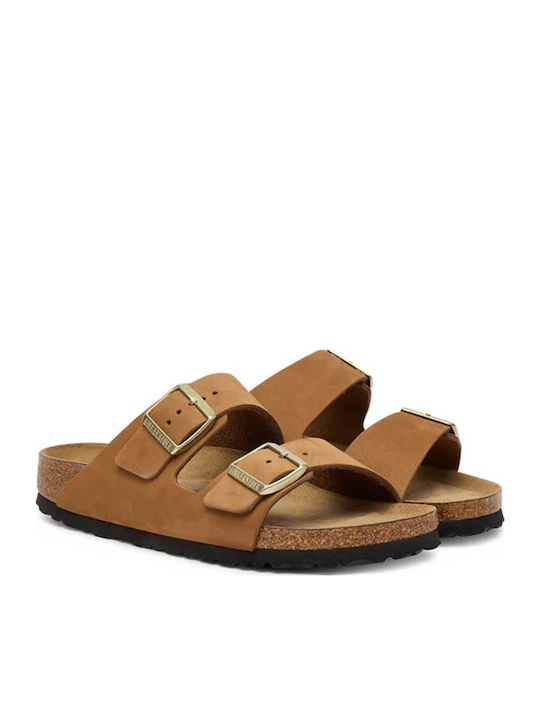 Soft Footbed Leather Women's Flat Sandals Tabac Brown Narrow Fit