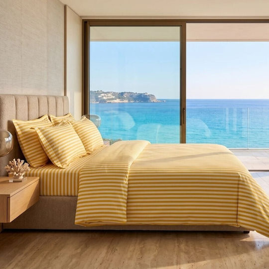 Pucioasa Cotton Satin Duvet Cover Set 200x230cm Double With 2 Pillowcases & 1 Bed Sheet Yellow Stripes