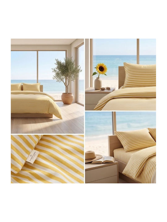 Pucioasa Set Huse Pentru Pilote Bumbac Satinat 200x230cm Dublu Cu 2 Fețe De Pernă & 1 Cearceaf Dungi Galbene