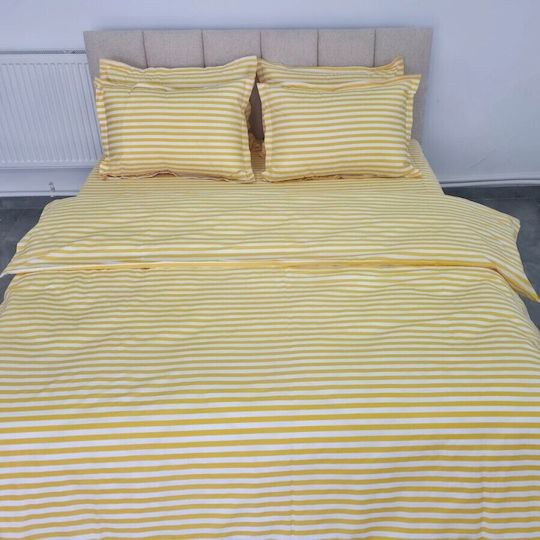 Pucioasa Cotton Satin Duvet Cover Set 200x230cm Double With 2 Pillowcases & 1 Bed Sheet Yellow Stripes