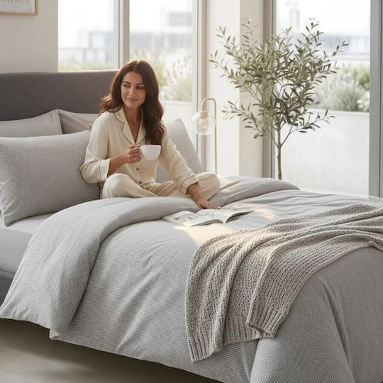Pucioasa Cotton Satin Duvet Cover Set 200x230cm Double With 2 Pillowcases & 1 Grey Bed Sheet