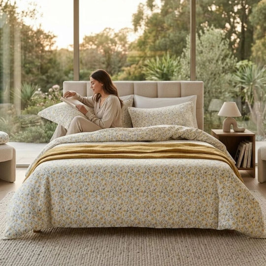 Pucioasa Set Huse Pentru Pilote Bumbac Satinat 200x230cm Dublu Cu 2 Fețe De Pernă & 1 Cearșaf Galbene Little Flowers