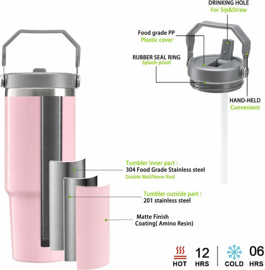 Koupakoupa How You Doin'? Stainless Steel Thermos Bottle 890ml Pink with Straw and Handle