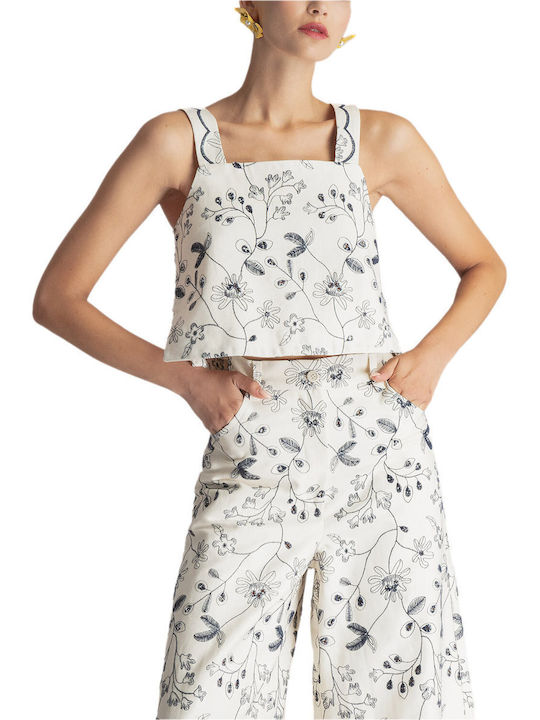 Γυναικείο Crop Top Βαμβακερό Αμάνικο με Φερμουάρ Εκρου- Μπλε
