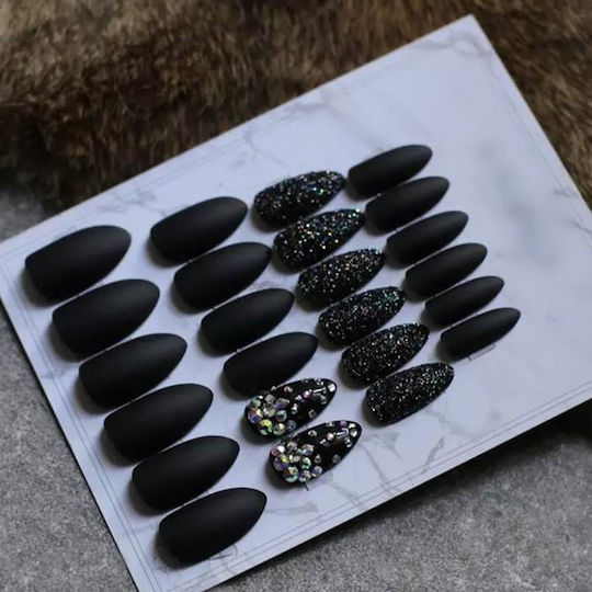 Set 24 Schwarze Mandel Selbstklebende Künstliche Nägel Strass