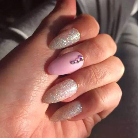 Set 24 Matte Pink Almond Self-adhesive False Nails Rhinestones