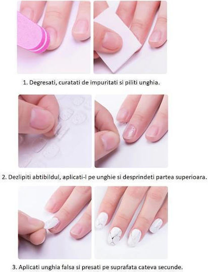 Set 24 Press-on False Nails Ballerina Glossy White Rhinestones