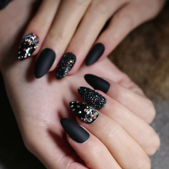 Set 24 Schwarze Mandel Selbstklebende Künstliche Nägel Strass