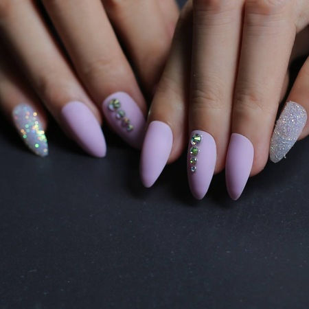 Set 24 Matte Pink Almond Self-adhesive False Nails Rhinestones
