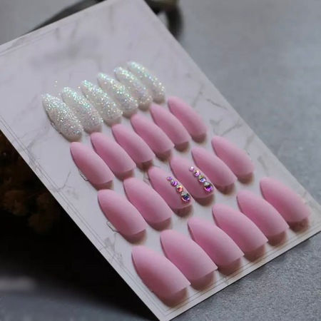 Set 24 Matte Pink Almond Self-adhesive False Nails Rhinestones