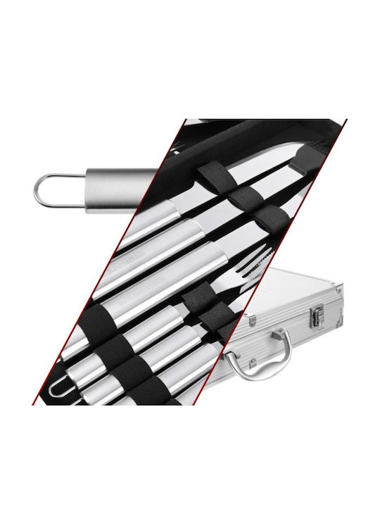 Set 26 Unelte pentru Grătar Premium Accesorii din Oțel Inoxidabil Include Perii Pensete Cuțite Spatulă Frigărui Suporturi pentru Porumb Furculițe Solnițe Geantă Căptușită din Aluminiu Dimensiuni 43 X 27 X 8 Cm Argintiu