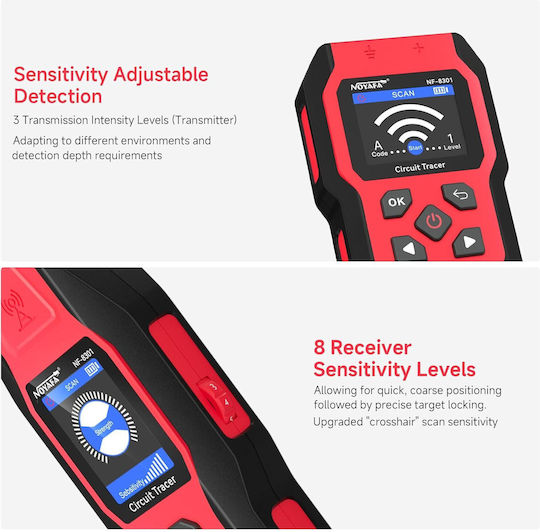 Detector Profesional de Circuite de Cablu Noyafa Nf-8301 Multimetru Digital Integrat 400v Funcție Ncv Fără Contact 8 Niveluri de Sensibilitate Reglabile Localizare Cablu Subteran În Perete Indicator de Semnal Lanternă Led Kit Complet Roșu