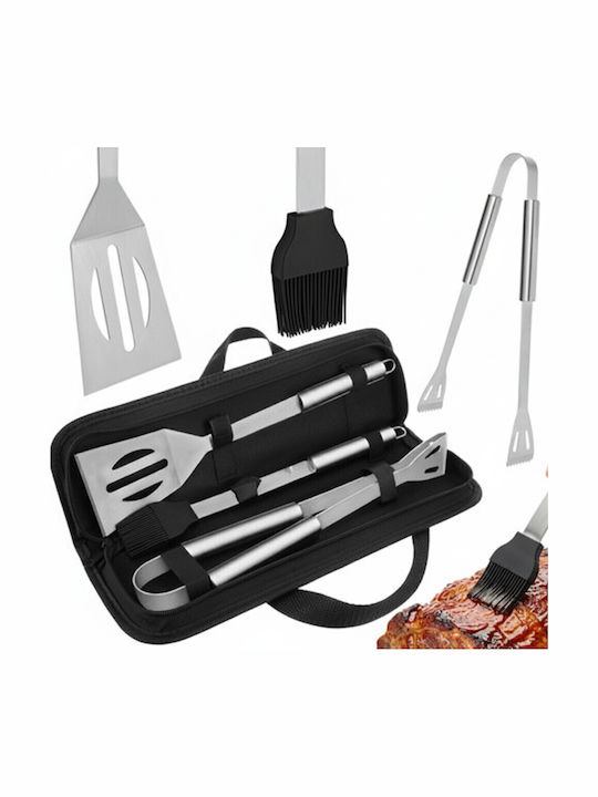Set Ustensile Grătar 3 Piese Zola Pensetă Spatulă Perie Oțel Inoxidabil Husă Transport Argintiu Negru
