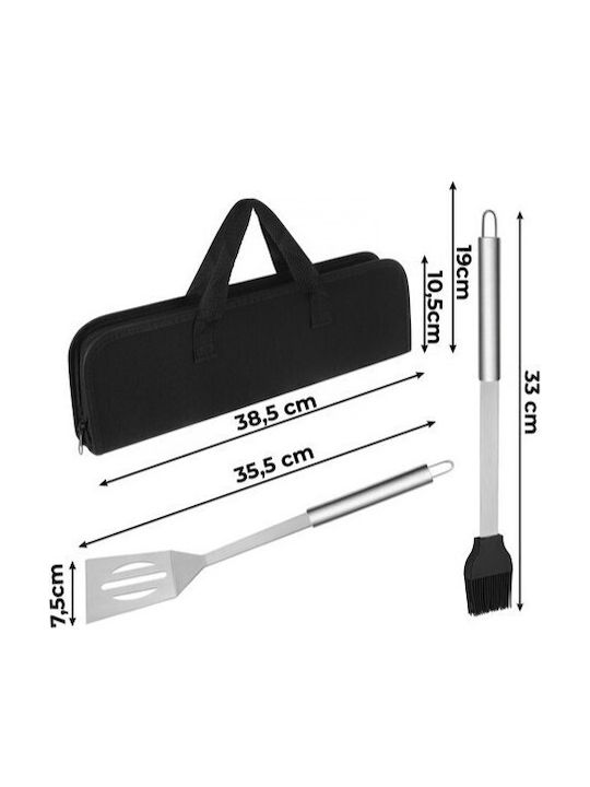 Set Ustensile Grătar 3 Piese Zola Pensetă Spatulă Perie Oțel Inoxidabil Husă Transport Argintiu Negru
