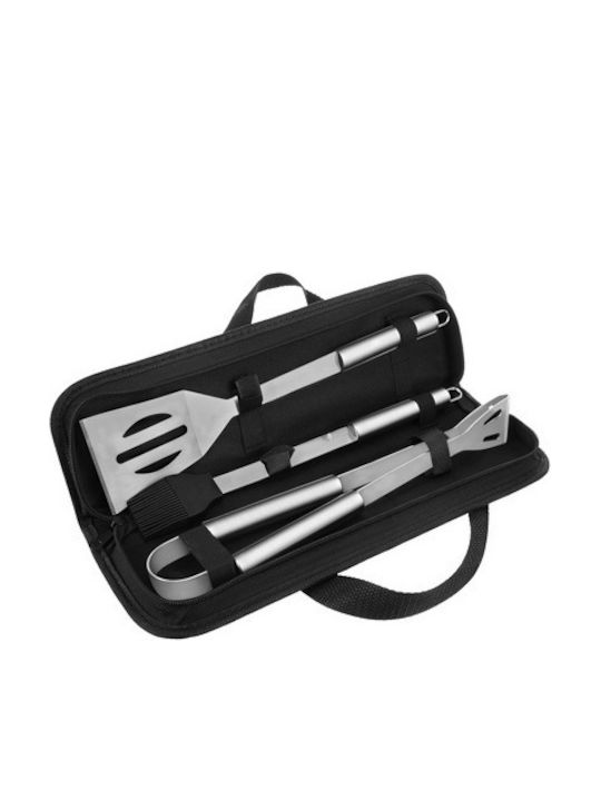 Set Ustensile Grătar 3 Piese Zola Pensetă Spatulă Perie Oțel Inoxidabil Husă Transport Argintiu Negru