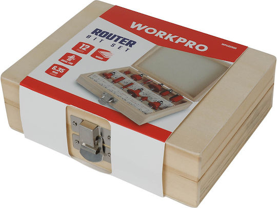 Router Cutter Bit Set 12 Pieces 6.35mm 1/4" Wooden Case Wp402300 Workpro