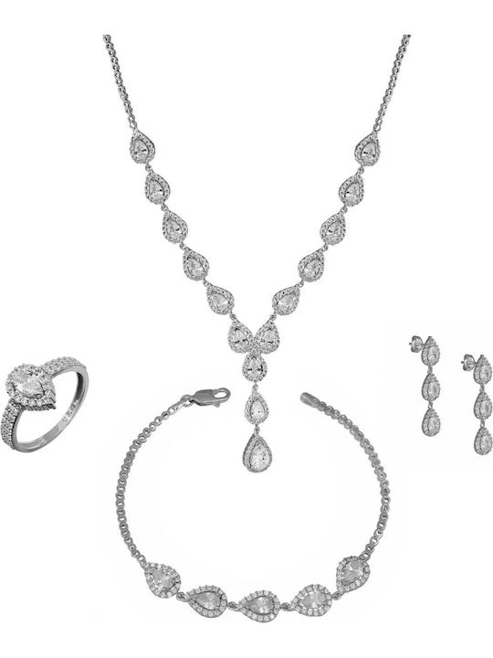 Set With Necklace Earrings Ring & Bracelet Made Of Silver With Stones