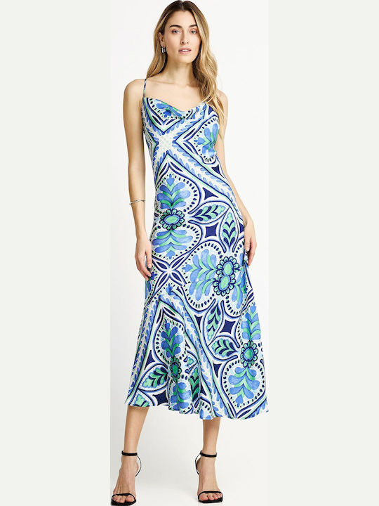 Summer Midi Dress for Wedding Christening Drape Satin Blue
