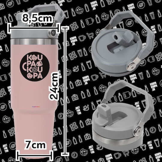 Koupakoupa Labubu Handled Thermos Stainless Steel 890ml Pink with Straw and Handle