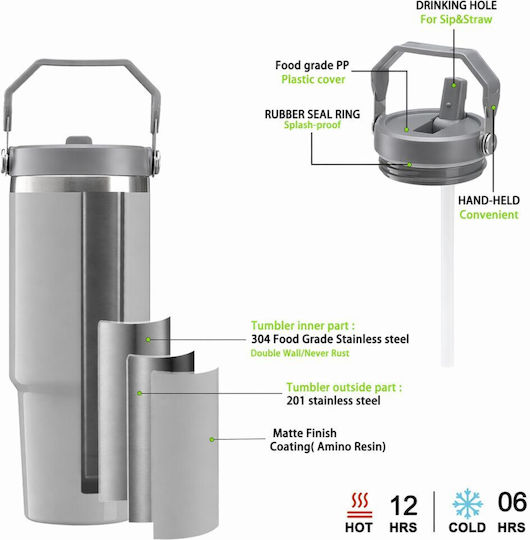 Koupakoupa Stainless Steel Thermos Bottle 890ml Gray with Straw and Handle