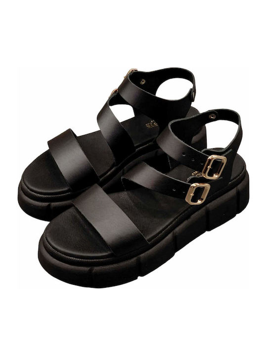 Δερμάτινα Γυναικεία Σανδάλια Flatforms Μαύρα