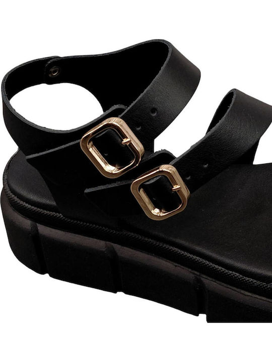 Δερμάτινα Γυναικεία Σανδάλια Flatforms Μαύρα