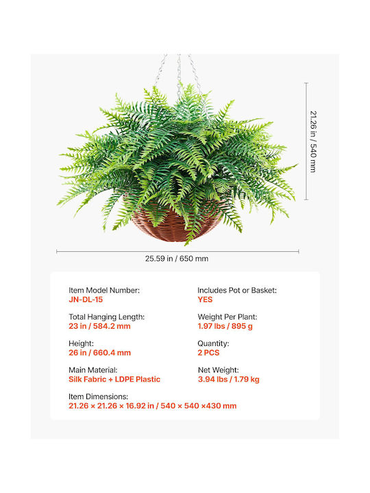Vevor Artificial Hanging Ferns Set 2 Pieces 58.4 Cm Plastic Green Decorative Plant For Indoor Outdoor Use Xdsrzjlzw2pcrt7ic001v0