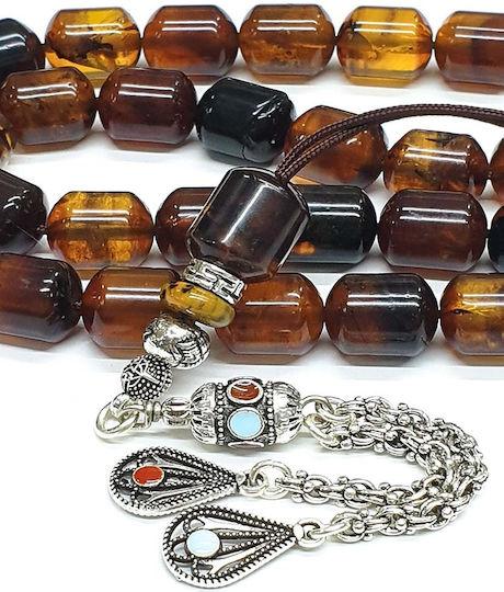 Roloi Komboloi Worry Beads with 33 Amber Beads Length 44cm Brown