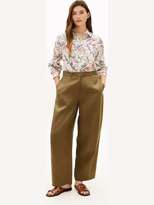 Long Sleeve Women's Linen Shirt Ecru Red Black