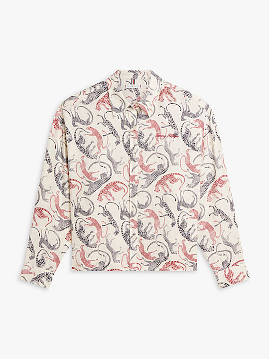 Long Sleeve Women's Linen Shirt Ecru Red Black