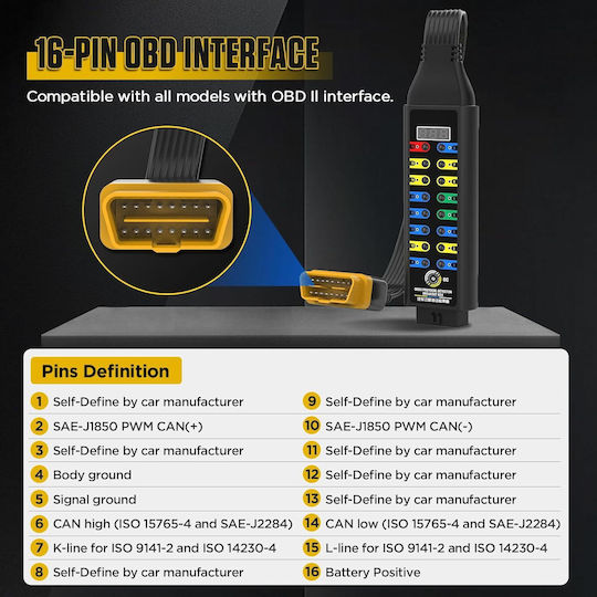 Detector Protocol Auto Cutie Deconectare 16-Pini Obd2 Afișaj Tensiune În Timp Real Cablu 17.7 Inch Diagnostic Led Compatibil Multimetru Osciloscop Obdii Instrument Testare Diagnostic Auto