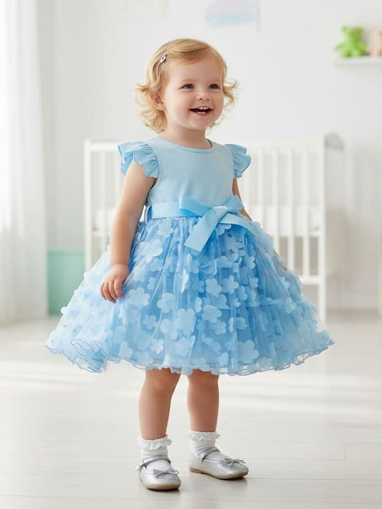 Floral Girls Dress Short Sleeve Light Blue