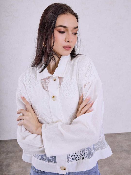 Celestino Damenjacken Semi-transparent Stickereien Loose Fit Weiß