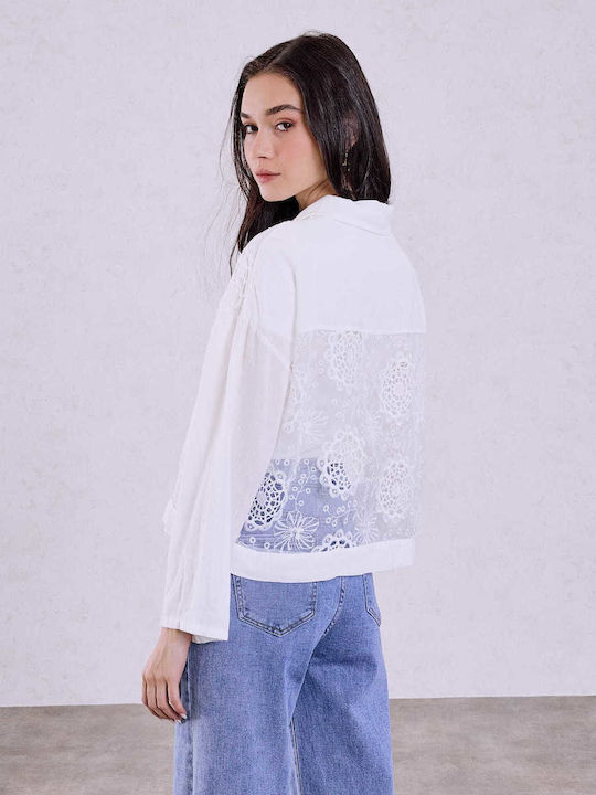 Celestino Damenjacken Semi-transparent Stickereien Loose Fit Weiß