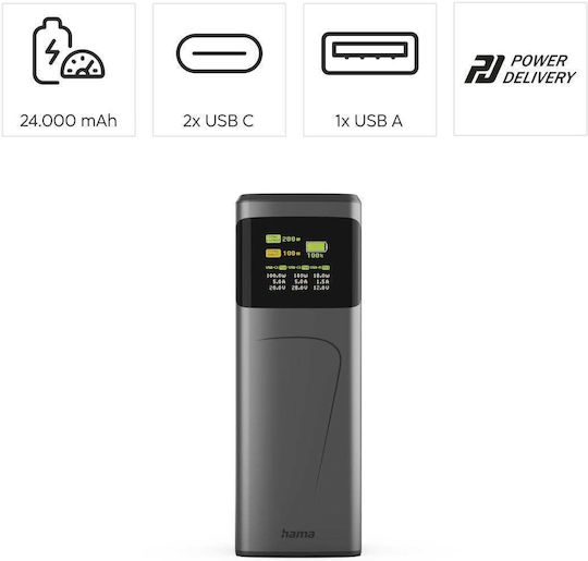 HAMA High Power 24000mAh 200W mit USB-A Anschluss und 2 USB-C Anschlüssen Schnellaufladung 3.0 Gray