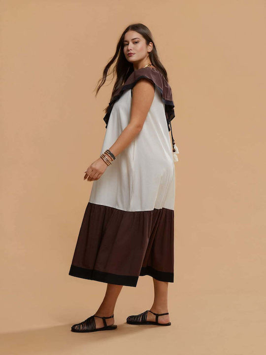 Rochii De Vară Pentru Femei Midi Rochie Drapat Cu Volane Ecru 8501.7144.R.NETTO-off-white-brown